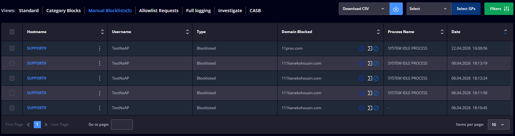 Manual Blocklists View